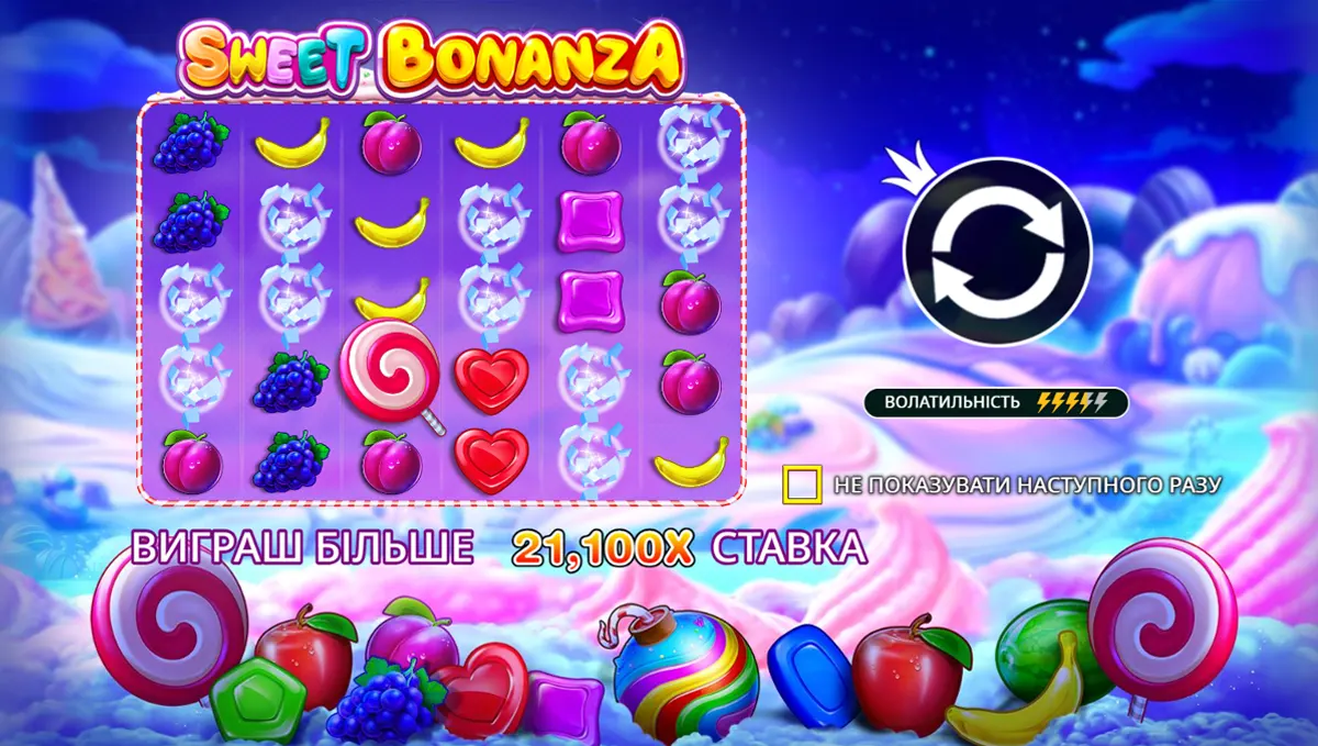 Ігрове поле Sweet Bonanza з фруктами та льодяниками